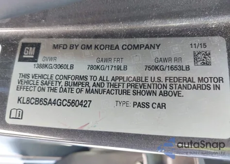 2016 Chevrolet Spark Ls Cvt from USA, damaged, VIN KL8CB6SA4GC560427